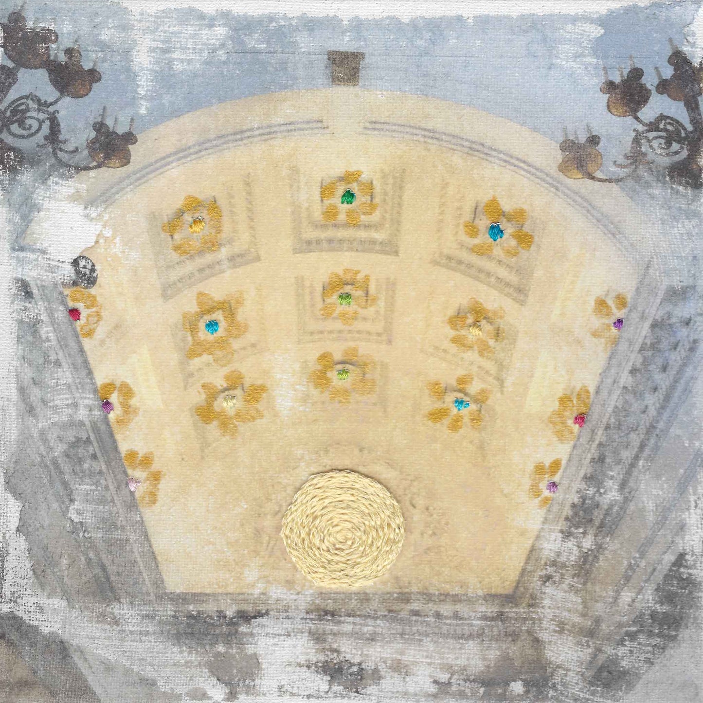 Gold acrylic painted flowers with colorful embroidered centers on photo of Canfield Casino ceiling portico in Saratoga Springs, NY.