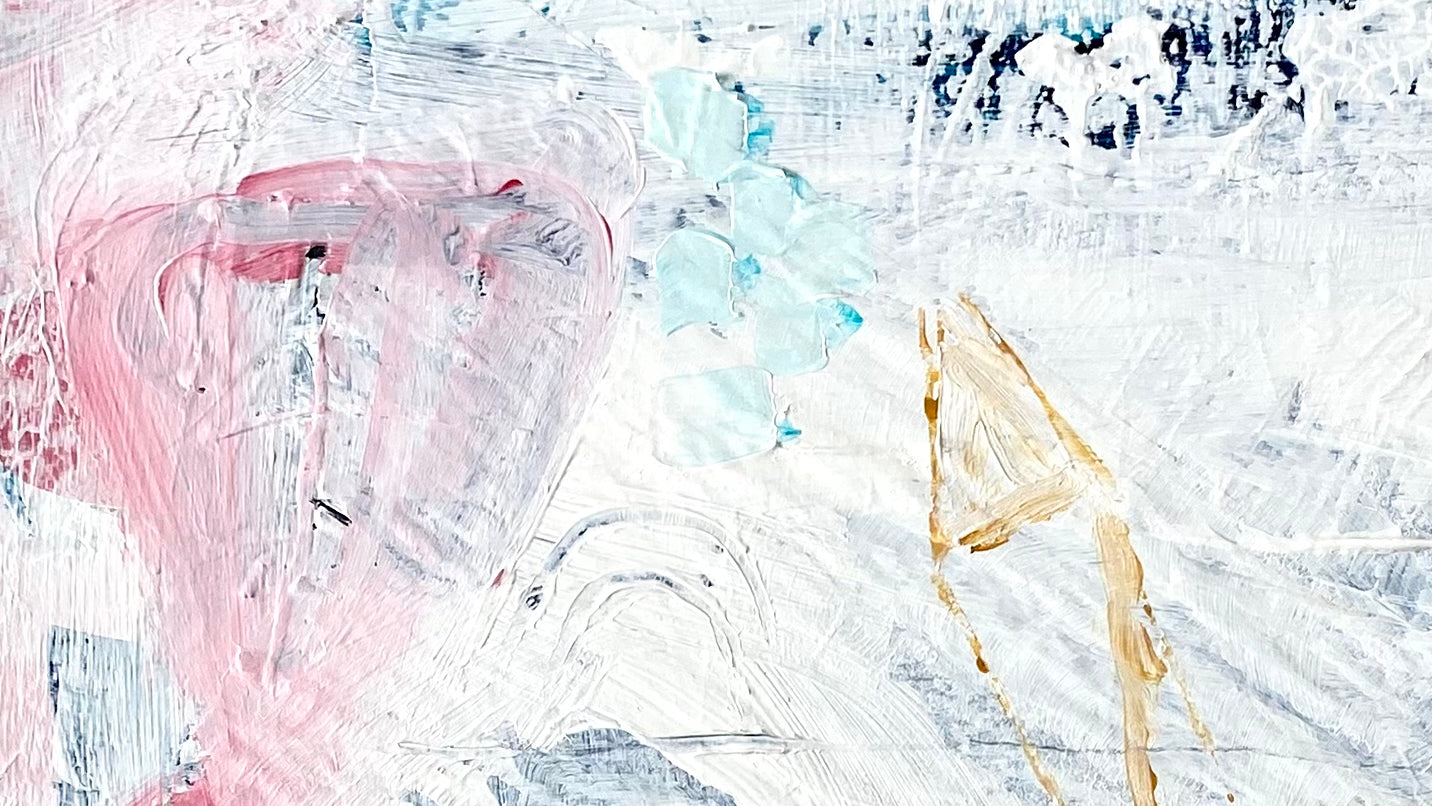 Abstract art with pink, blue, and gold brush strokes on a white background